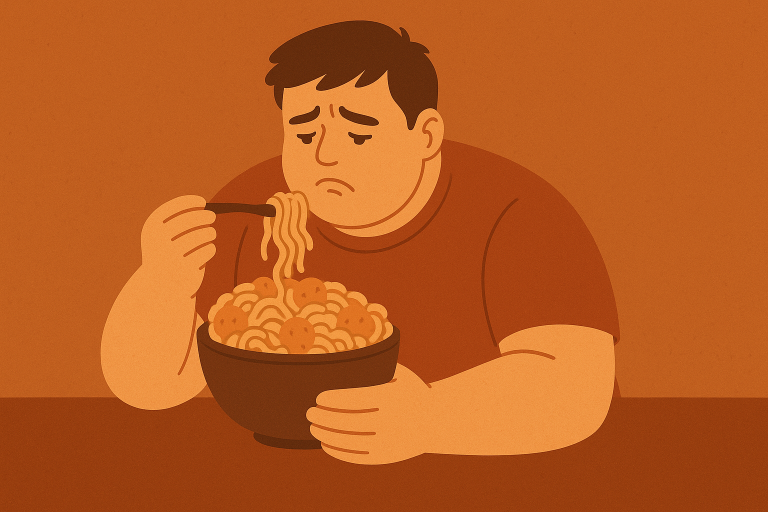 Seorang laki-laki makan dengan porsi besar sebagai pelampiasan rasa stres akibat tekanan dari orangtua